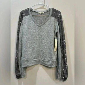 Another Reason Long Sleeve V Neck Shirt With Dark Gray Sequins Sleeve Size L